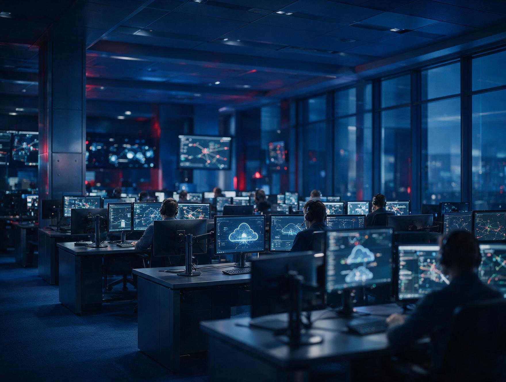 Enterprise IT operations center with cloud and network dashboards